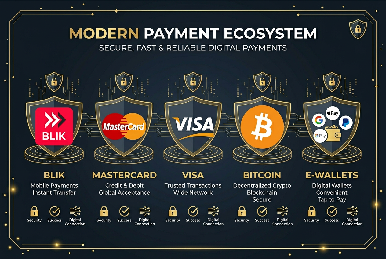 Infografika metod płatności w kasynach online: BLIK, Crypto, Portfele