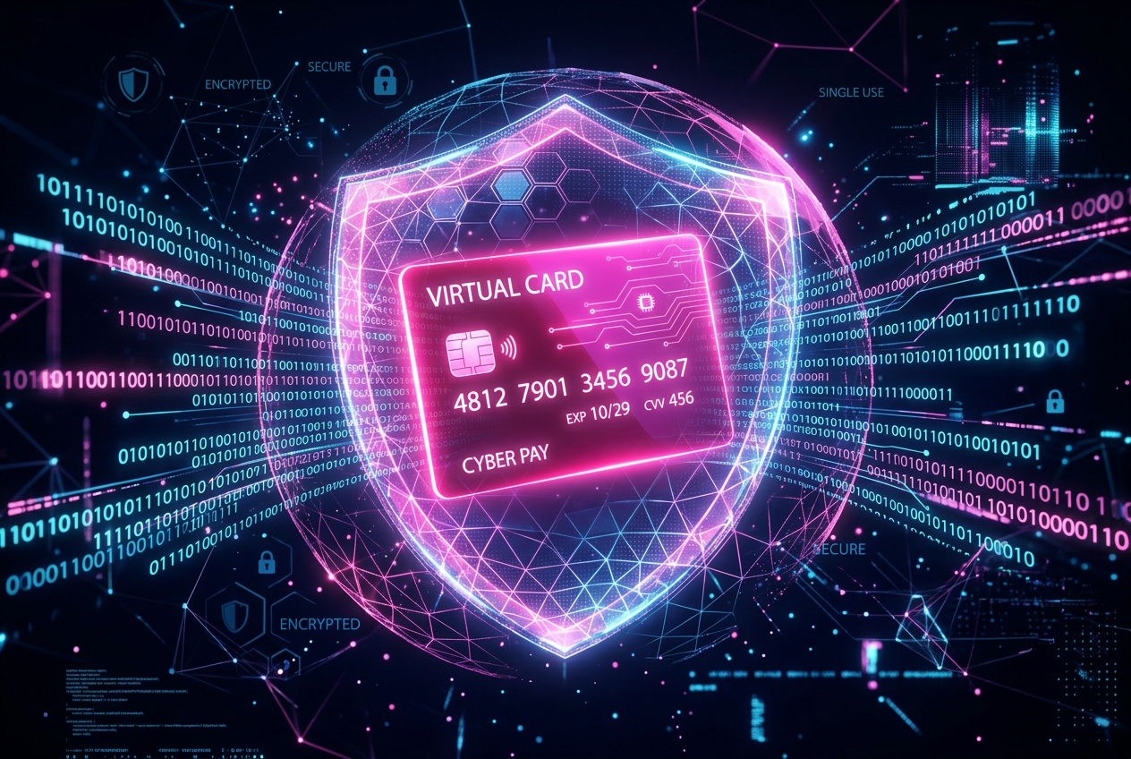 Visual representation of financial security featuring a holographic digital card and encryption icons