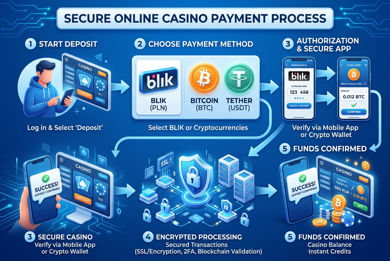 Infografika przedstawiająca proces bezpiecznej płatności w kasynie online za pomocą BLIK oraz kryptowalut